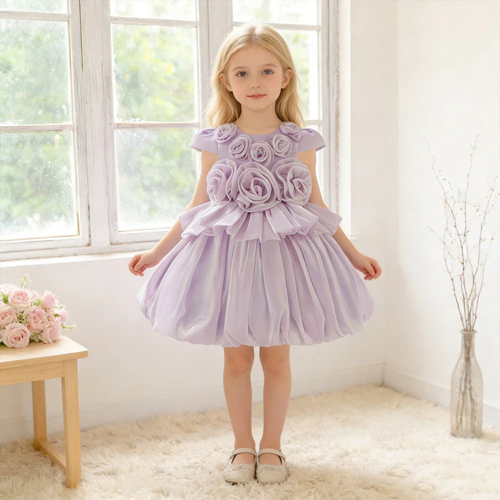 HETISO Summer Flower Party Girls Dresses Purple Kids Birthday Pageant Princess Gown Child Wedding Bridesmaid Prom Costume