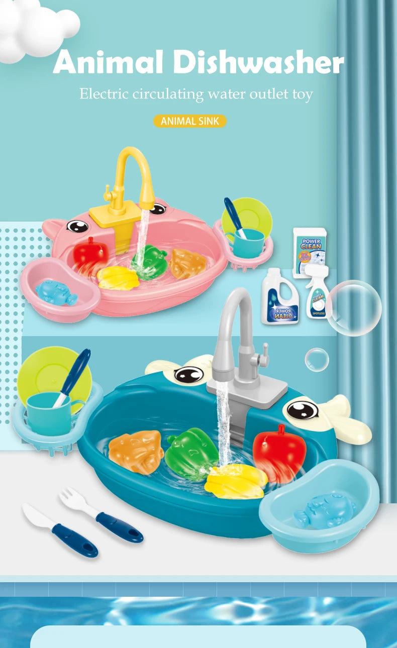 Juguetes de lavavajillas para fregadero de cocina, juguete de fregadero de cocina para niños pequeños, sistema de ciclo de agua automático eléctrico, regalos de juguete para niños