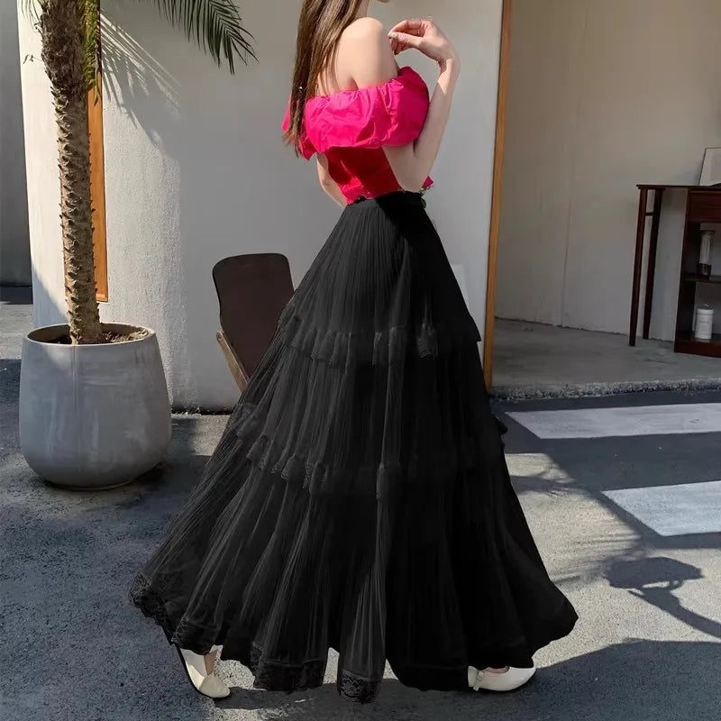 Retro Sweet White Long Skirt Women Casual Loose High Waist Elegant Skirt Vintage Lace Patchwork Korean Summer Long Skirts