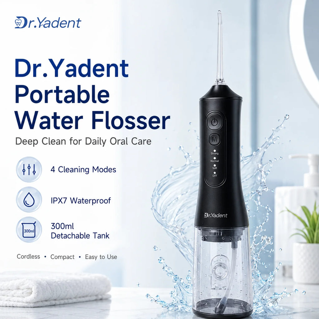 Dr.Yadent YD06 Irrigador Bucal Inalámbrico con Hilo Dental de Agua 300ML Chorro de Agua Portátil Carga Rápida USB-C 7 Boquillas 4 Modos IPX7 Impermeable