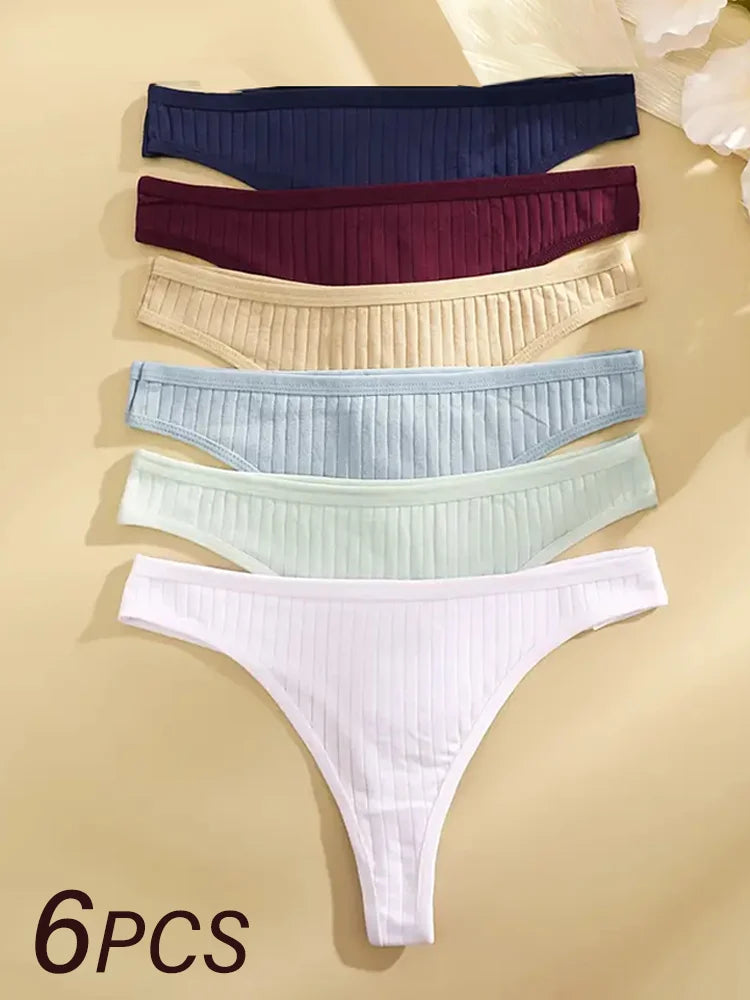 6Pcs/Set Women'S Cotton Thongs Panties Female Ribbed Low Rise G-String Ladies Sexy Bikini 7 Solid Color Girl Soft S-Xl Intimates