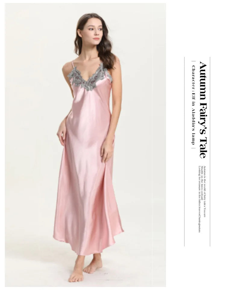 1 PCS Women's Silk Like Lace Sexy V Neck Long Sling Sleep Dress Pajamas Elegant Soft Skin-Friendly Fashion Home Wear