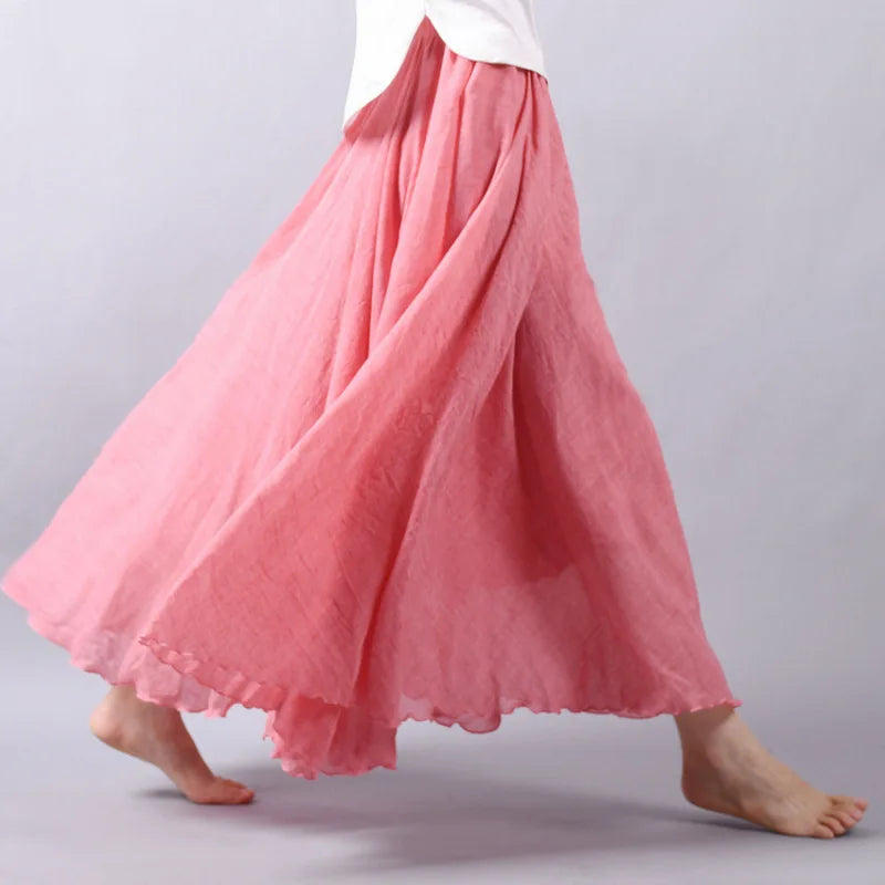 New In 2026 Spring Summer Woman Cotton Linen Midi Skirt Solid Color Loose Flared Pleated A-line Skirt Female Sweet Elegant Skirt
