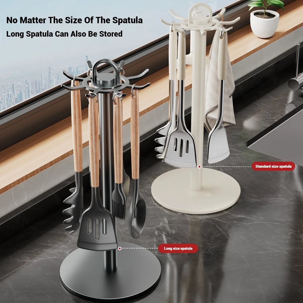 Soporte para utensilios de cocina: colgador de almacenamiento giratorio con 8 ganchos, para organización de encimeras, soporte giratorio para utensilios de cocina