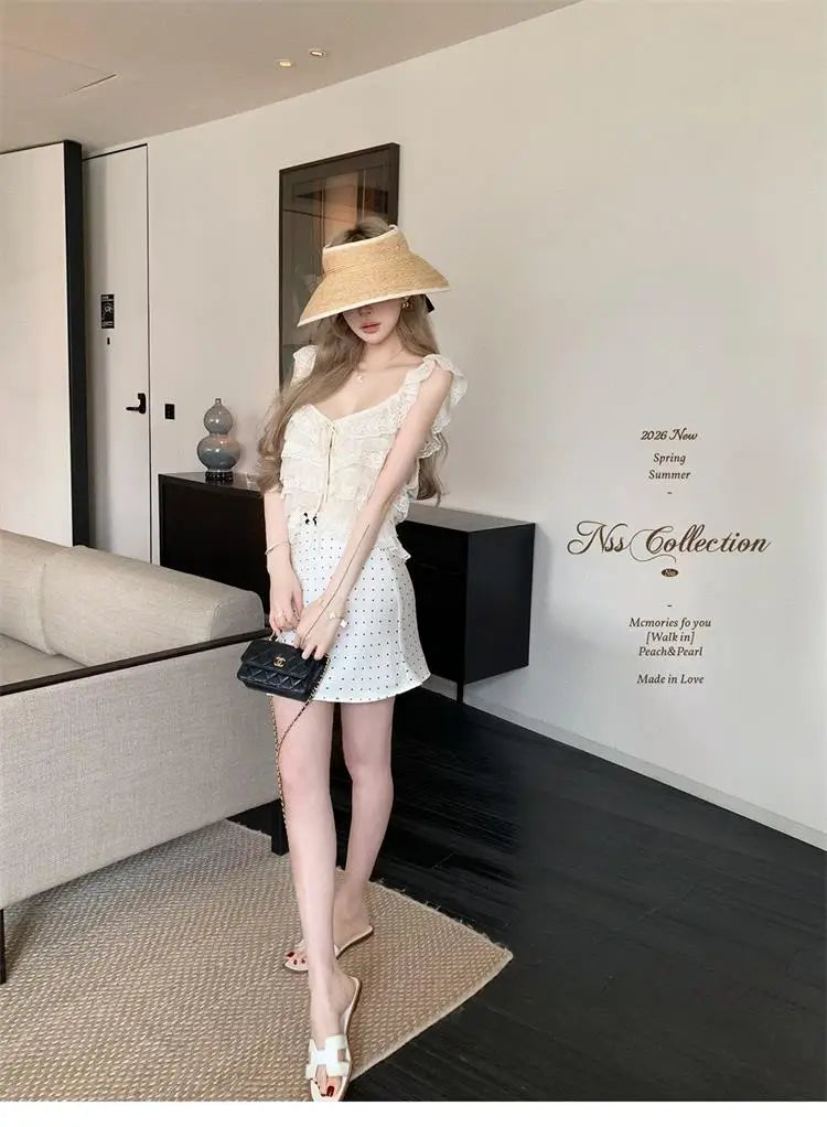 Korean Style Short Lace Halter Top Women's Summer New Design Pure Desire  Leaf  Spicy Girl Commute Loose Fit Casual