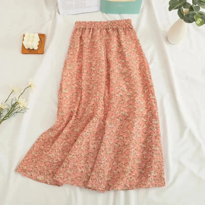 Women's Korean Style Floral Chiffon Midi Skirt – High Waist Loose A-Line Summer Skirt