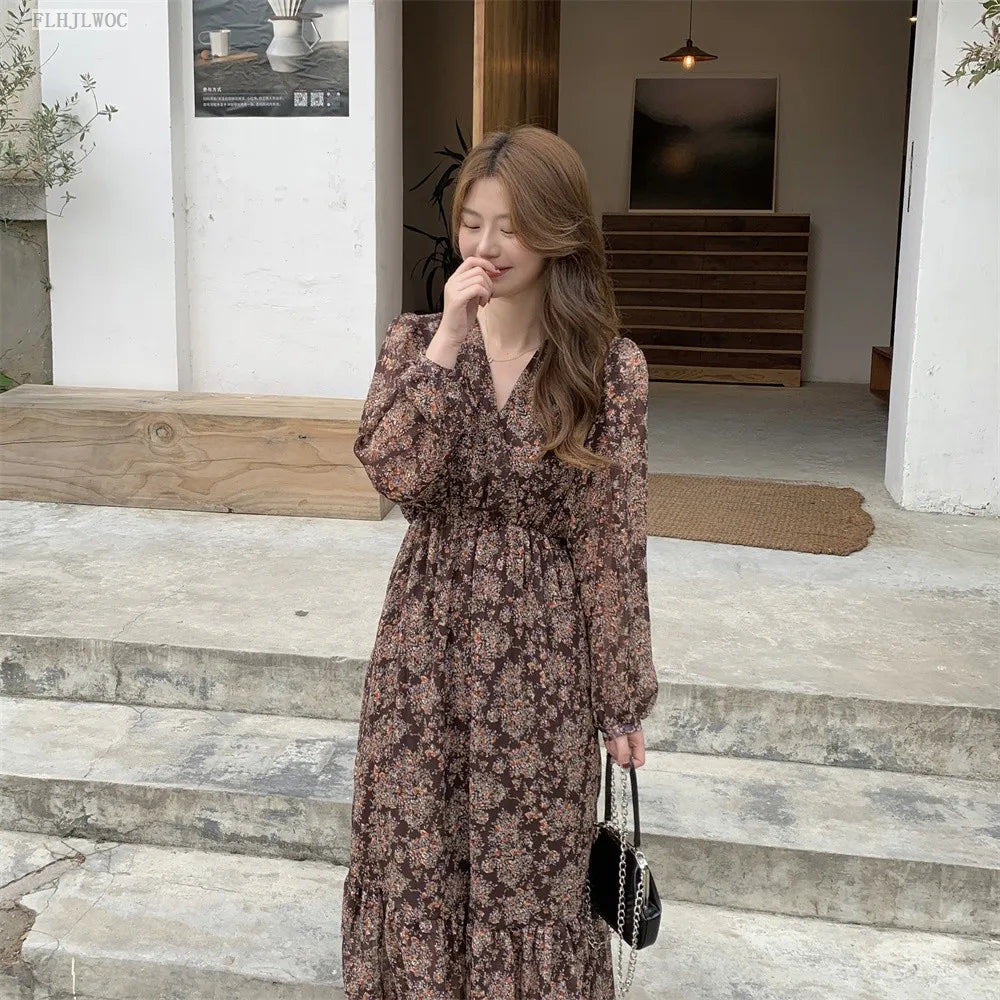 Chic Korean Clothes Design 2022 Autumn Spring Womens V Neck Elegant Lady Floral Printed Retro Vintage Long Maxi Dress