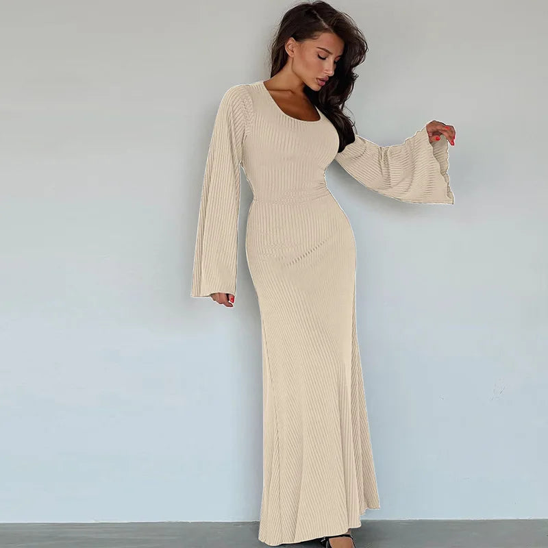 Women's Flare Sleeve Maxi Dress – Slim Fit Lace-Up Floor-Length Gown