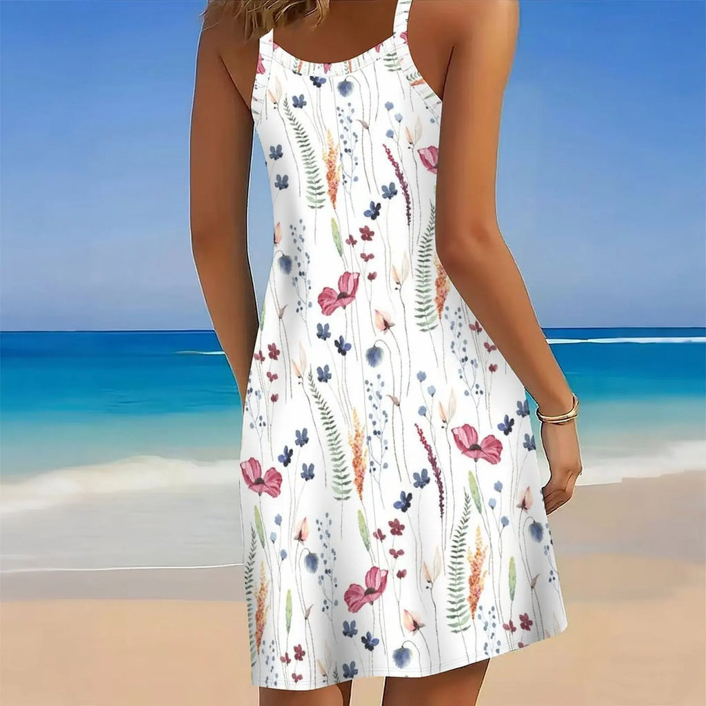 Women's Print Spaghetti Strap Cover Up Dress Irregular Hem Sleeveless Beach Swim Cover Up Sundress