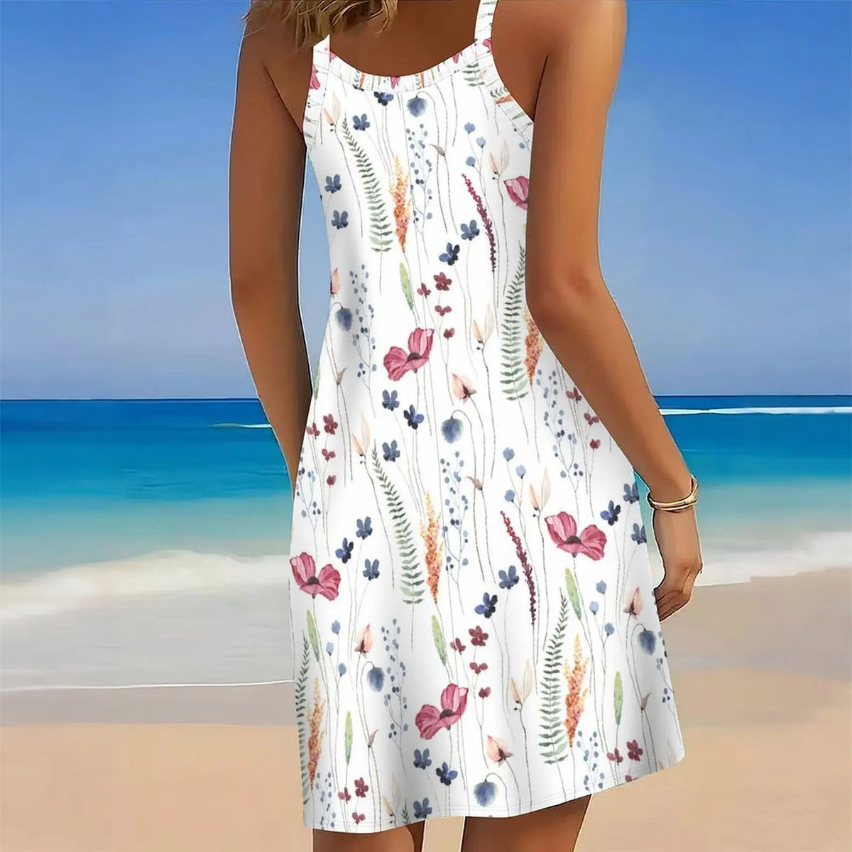Women's Print Spaghetti Strap Cover Up Dress Irregular Hem Sleeveless Beach Swim Cover Up Sundress