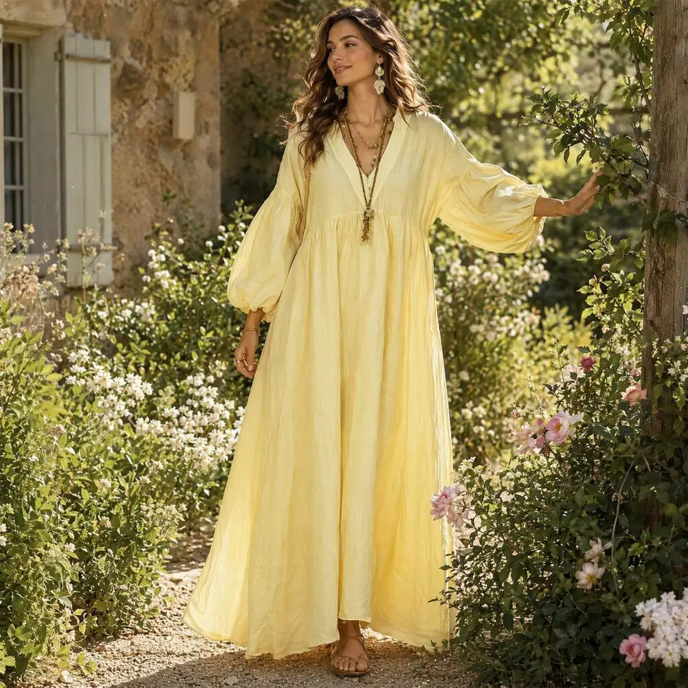 Women Dress Loose Fit Dress Women’s V Neck Maxi Dress Puff Sleeve A-line Flowy Sundress Casual Boho Beach with 3/4 Sleeves