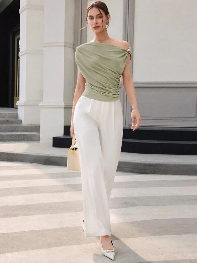 Irregular Metal Knots Tops Women Sexy Pleated Skinny High Stretch Solid Daily Casual Simple Streetwear Basic Tees