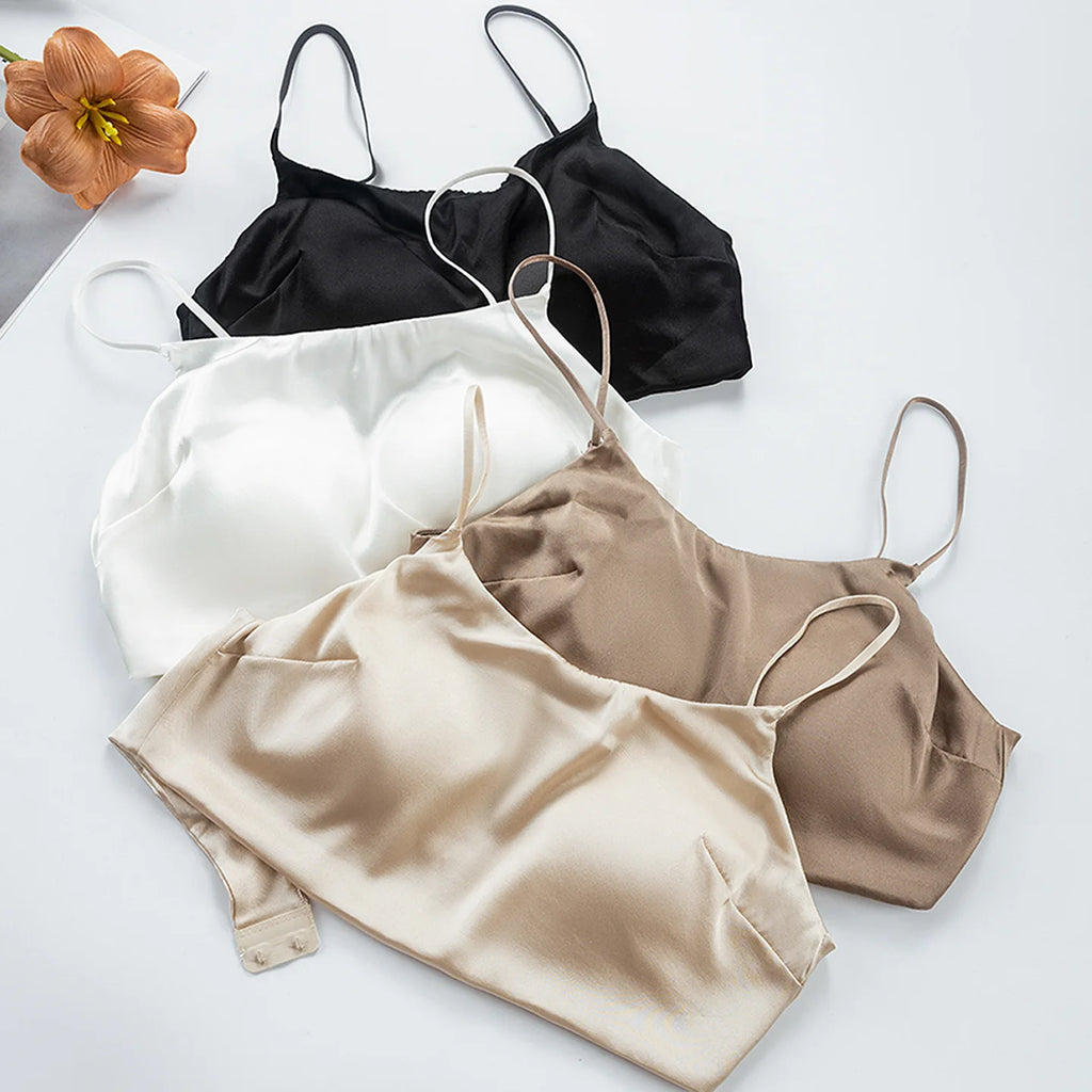 Birdtree 19MM 93% Silk 7% Spandex Solid Bra,Women Satin 3/4 Cup U-shaped Back Soft Breathable Sling Underwear A59124JF