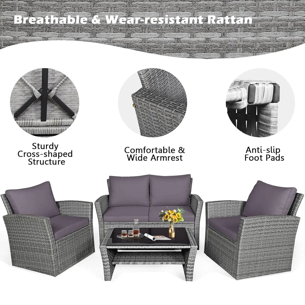 4PCS Patio Rattan Furniture Set Outdoor Sofa with Cushions & Coffee Table for Garden Porch Balcony, Customized