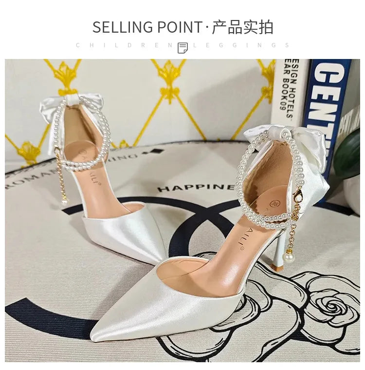Plus 33-42 Pearl Ankle Strap Bow Heels Stiletto High Heels Women Pumps Wedding Shoes Bride Ladies Party Prom Closed-toe Sandals