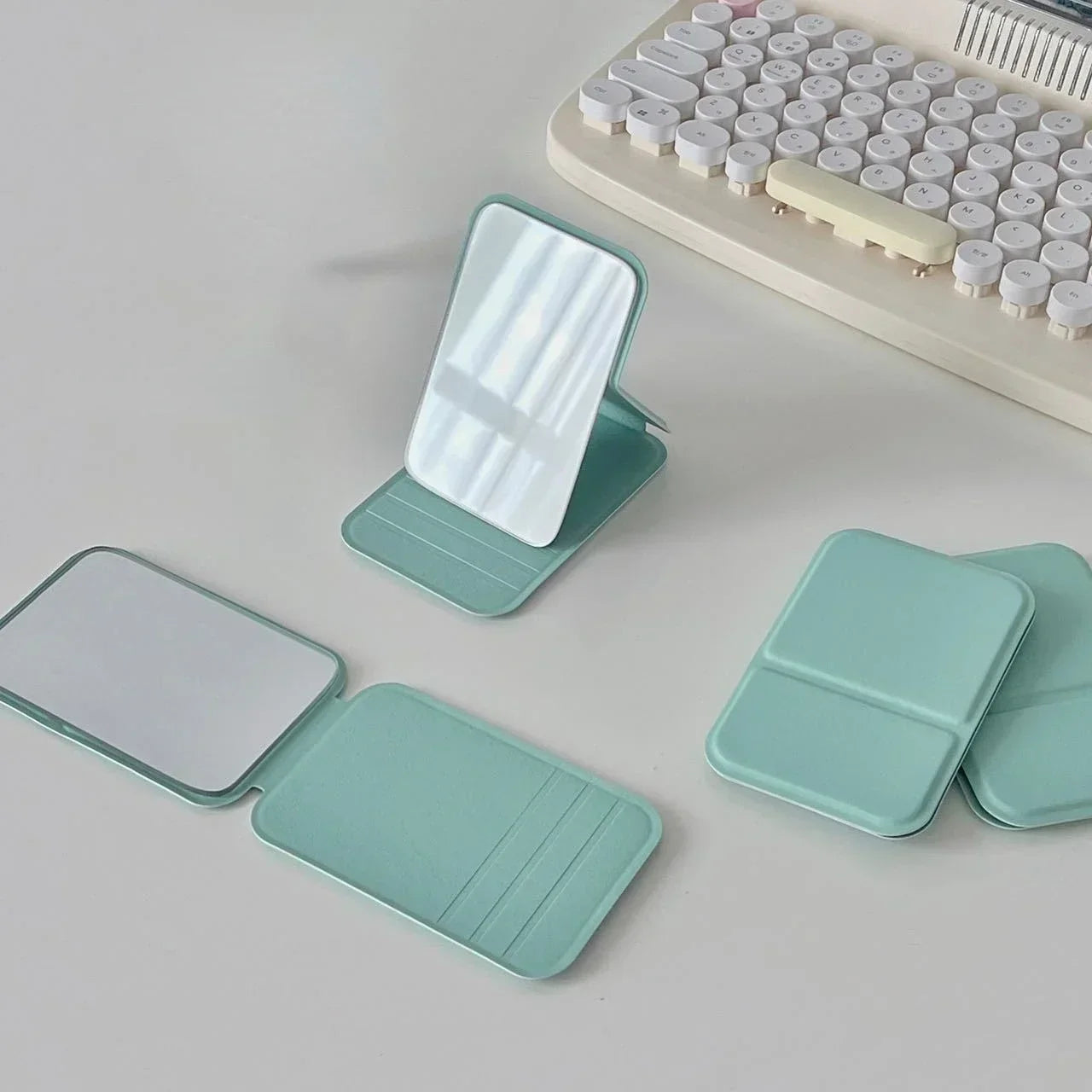 Desktop Makeup Mirror Foldable Portable PU Leather Compact For Students With Cute Solid Color