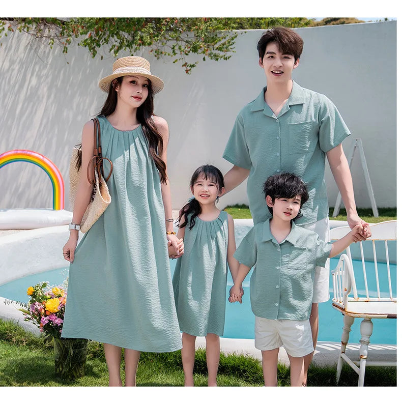 Vacation Family Matching Couple Outfit Dad Son Beach Shirts Mom Daughter Loose Dress Korean Parent-child Sister Brother Clothes
