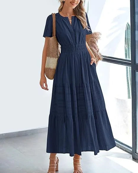 Summer Solid Color V-neck Tight Waist Dress French Style Elegant Pleated Large Swing Long Dress Casual Vacation Style Slimming M