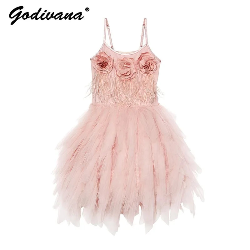 High-end Girls Tutu Dress 2026 New Summer Kids Sequin Flower Feather Slip Dresses Little Girls Princess Performance Dress