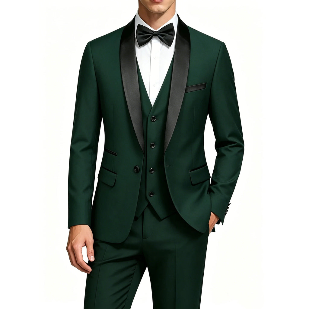 US Size XXS-3XL Men's 3 Piece Tuxedo Suit Set, Black Satin Shawl Lapel Slim Fit Blazer Vest Pants for Wedding Groom Party Prom