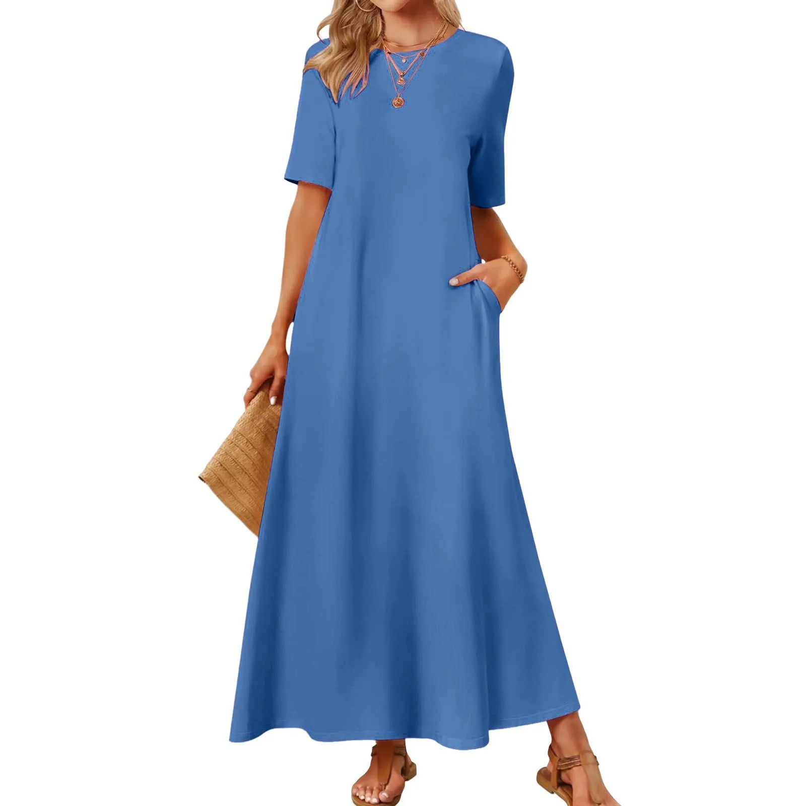 Women's Elegant Slim Fit Maxi Dresses Solid Short Sleeve O Neck With Pockets Ankle Length Dresses Casual Beach Holiday Dresses