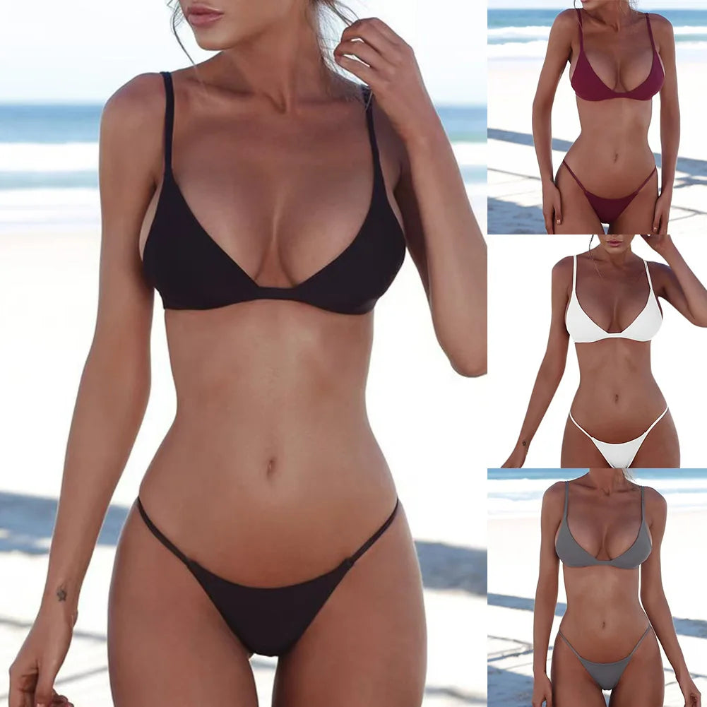 Women's Solid Color Two-Piece Bikini Set – Wire-Free Beach Swimsuit