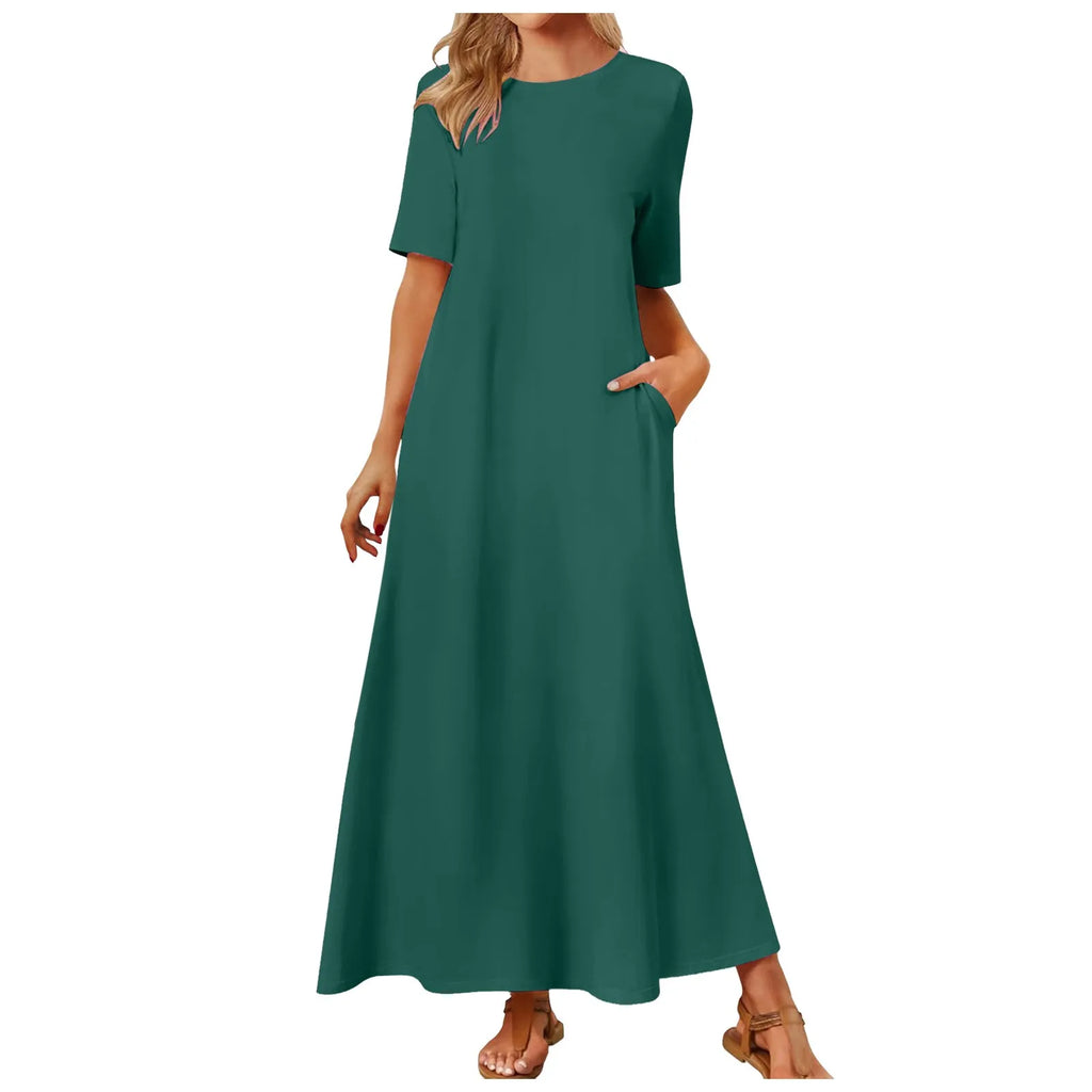 Women's Elegant Slim Fit Maxi Dresses Solid Short Sleeve O Neck With Pockets Ankle Length Dresses Casual Beach Holiday Dresses