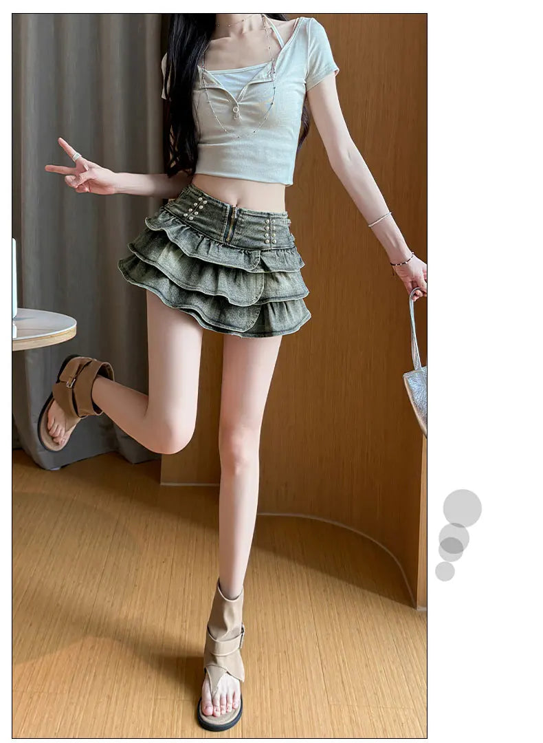 American Style Spicy Girl Design Elastic Denim Cake Short Skirt Women's Summer Pure Desire High Waist Slimming Pleated  S...