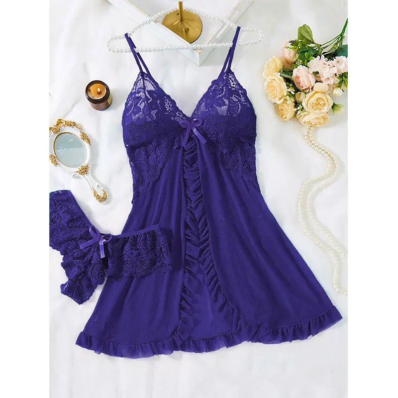 Summer Hot Sexy Sleepwear Dress Sleeveless Backless Women Lace Sheer Nightdress Solid Color Soft Pajamas Short V-neck Thong Set