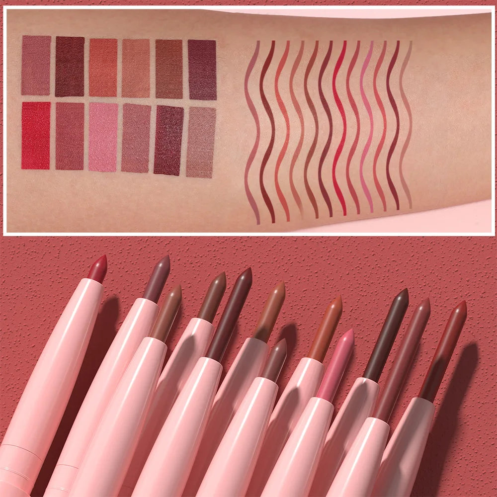 12 Colors Matte Red Brown Lipliner Pencil Waterproof Non-stick Cup Slim Lipstick Make Up Nude Pink Lip Liner Outline Lip Contour