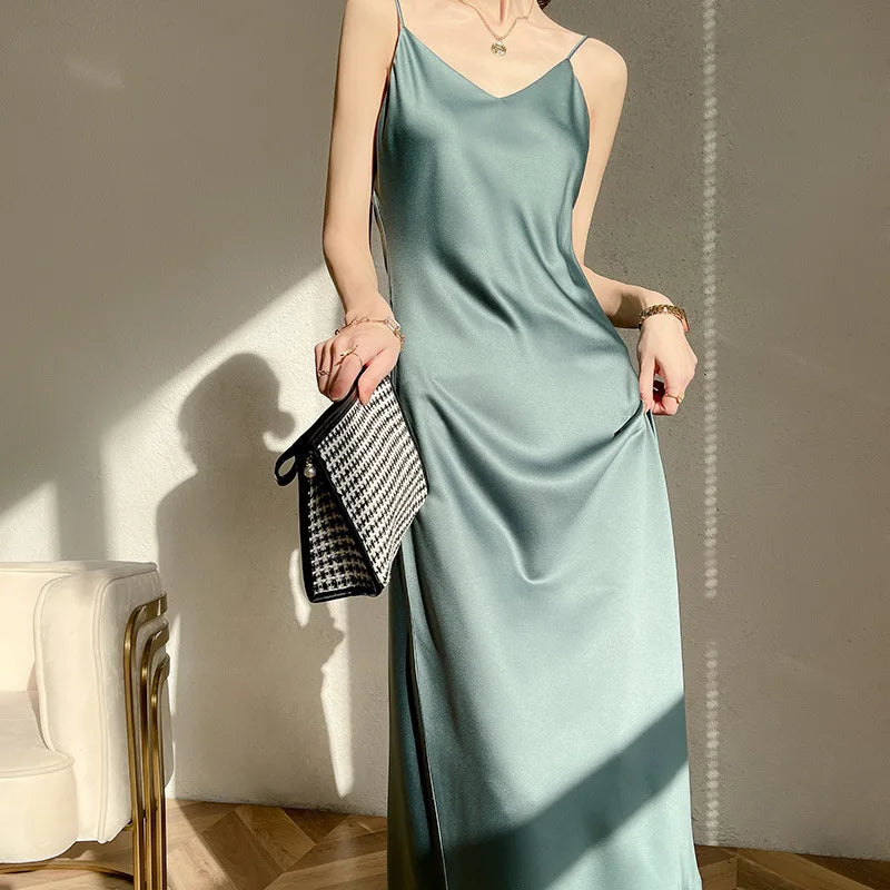 Sexy Solid Color Camisole Nightgown for Women Midi Length Sleeveless Slip Dress Inner Layer Base Dress Home Sleepwear Nightwear