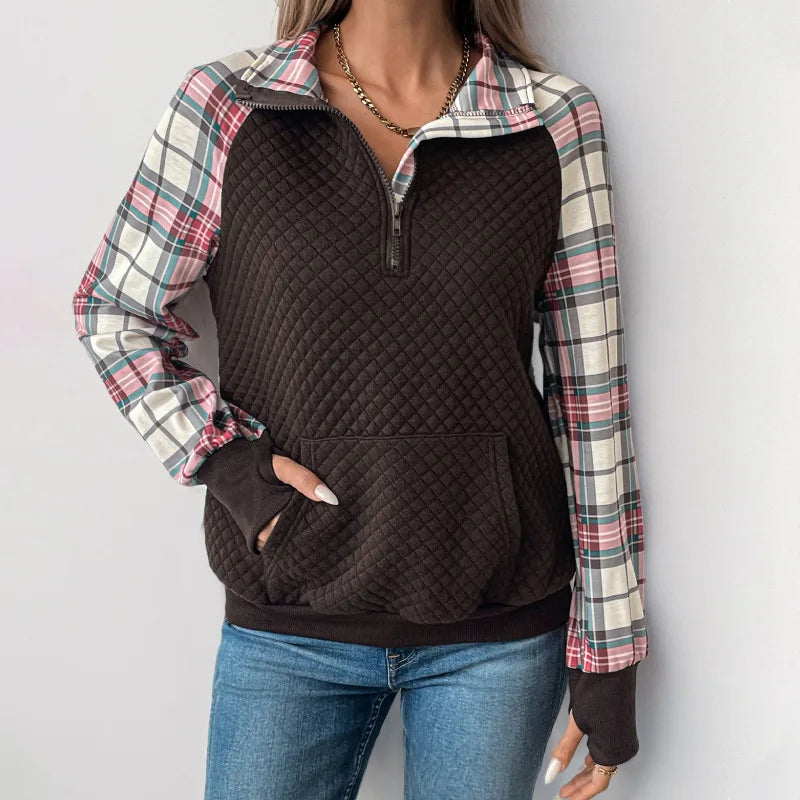 Women's Quilted Half Zip Pullover Plaid Sleeve Kangaroo Pocket Sweatshirt 2026