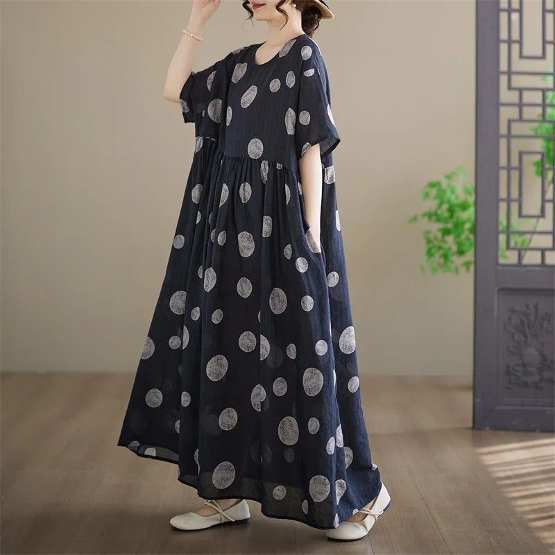 Anteef Women's Vintage Floral Cotton Maxi Dress - Short Sleeve Loose