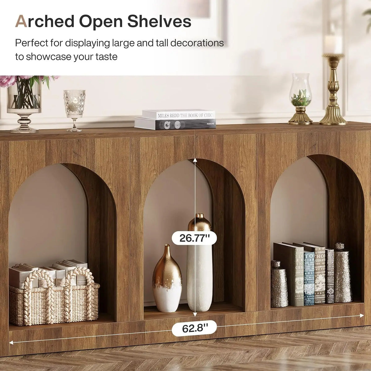 70.9" Console Table with 3 Arched Shelves, Wood Entryway Storage for Foyer Hallway Living Room, Narrow Long Brown, Customized