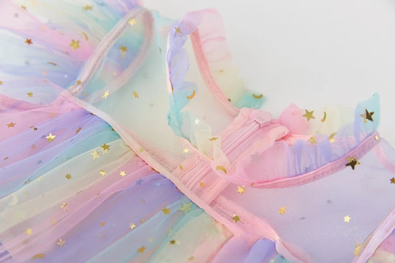 Girls Rainbow layered Dress Birthday Dress Teens Girl Clothes Summer Sequined Princess Mesh Tutu Dresses Kid Party Costume