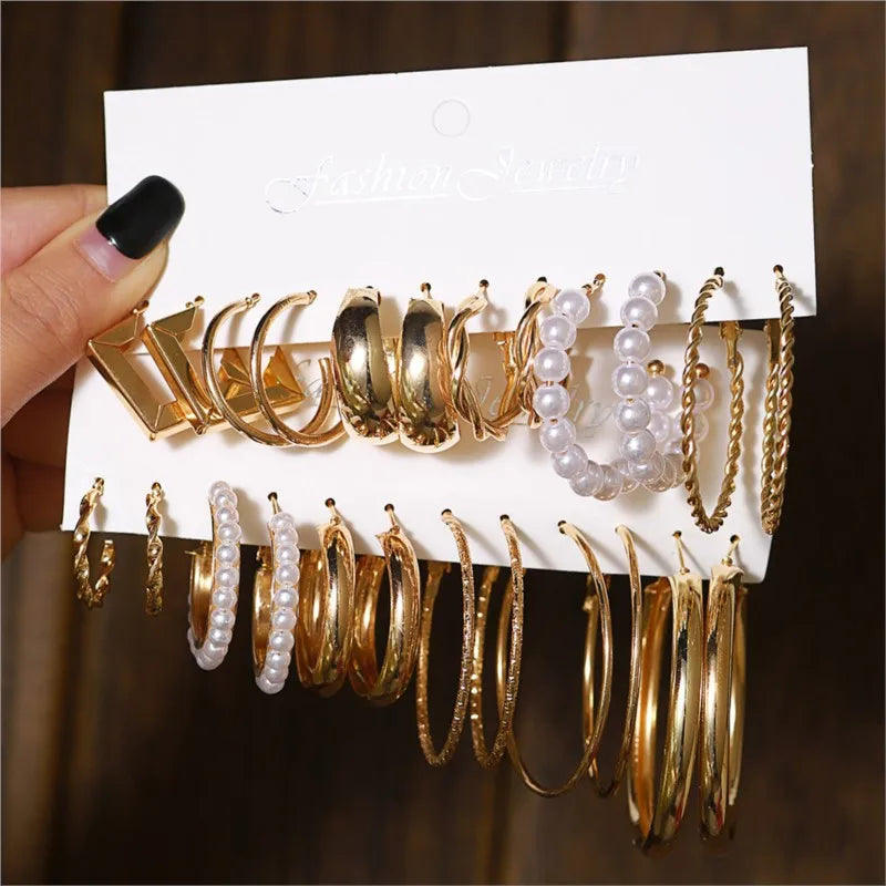 14K Gold C-Shaped Stud Earring Set (12 Pairs)