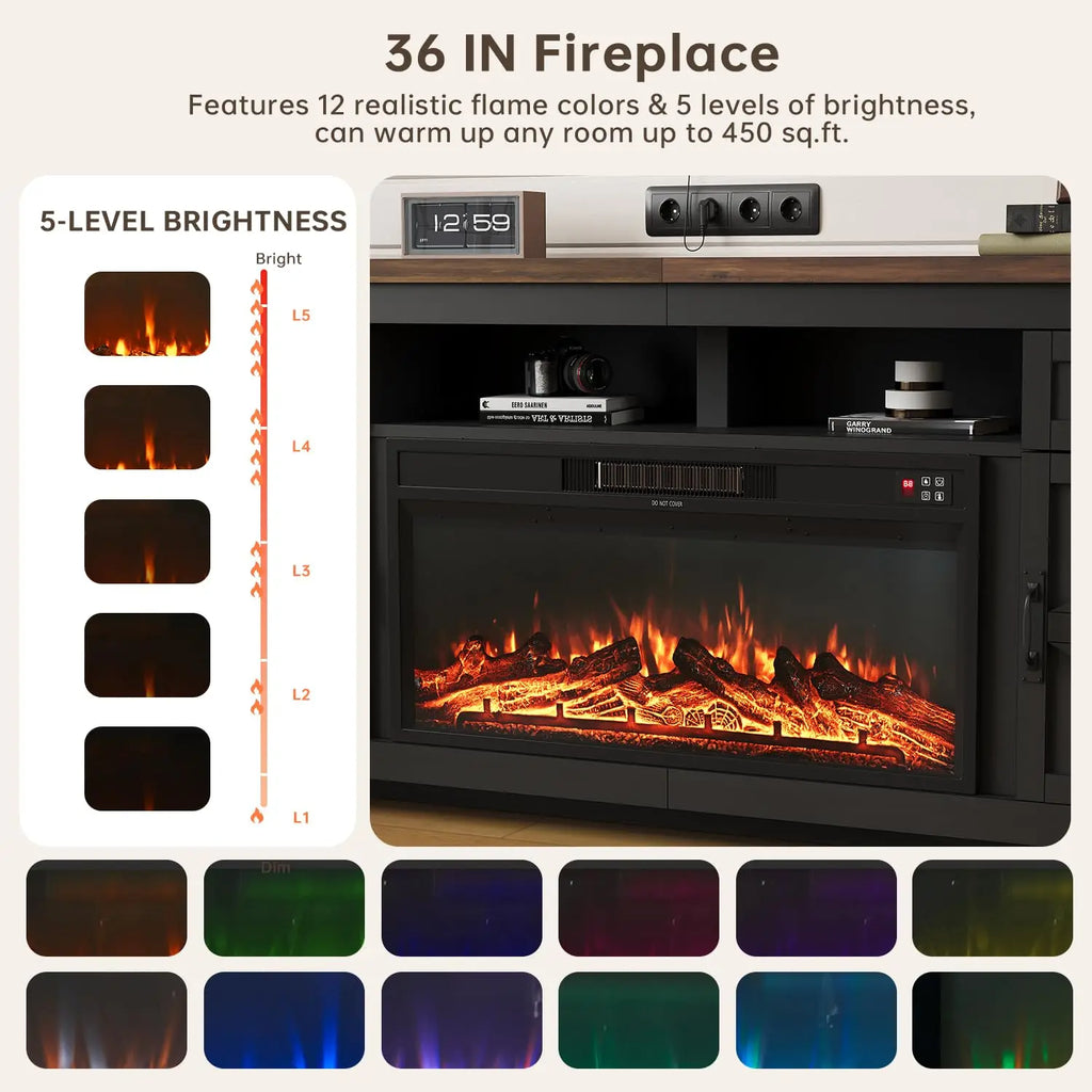 80" Black TV Stand With Sliding Barn Door & Fireplace Insert, Modern Living Room Media Console, Customized