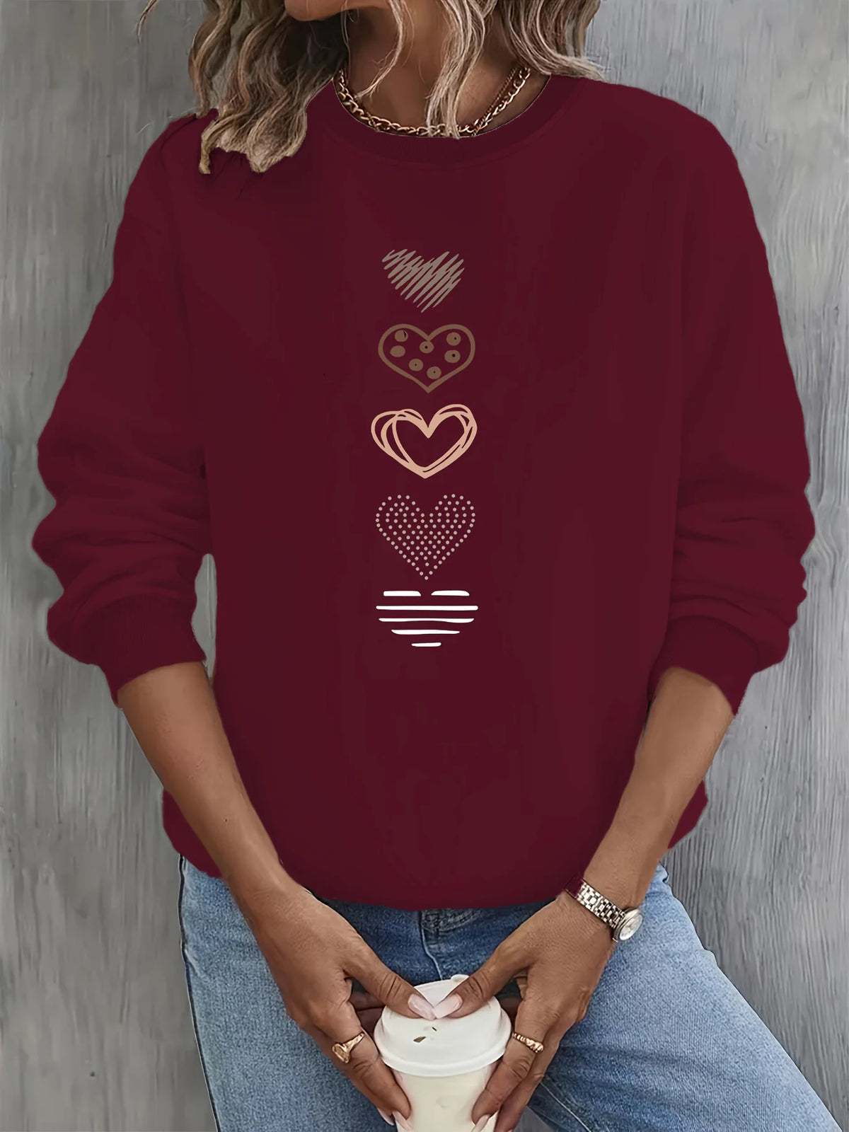 Women's Casual Heart Print Pullover Sweatshirt - Long Sleeve Knit