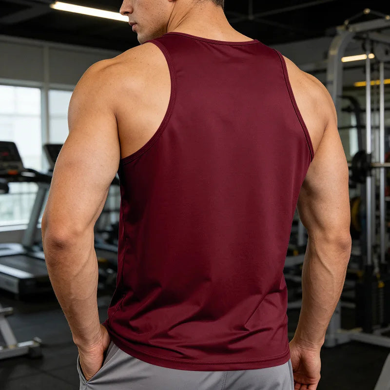 Men's Gym Sports Tank Top Muscle Aesthetic Dry Fast Workwear Polyester Fiber Summer Sport Fit Style Solid Color round Neck
