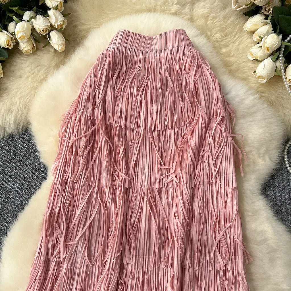 New In 2026 Spring Summer Tassel Midi Long Skirt For Women Trendy High Waist Streetwear Casual Skirts