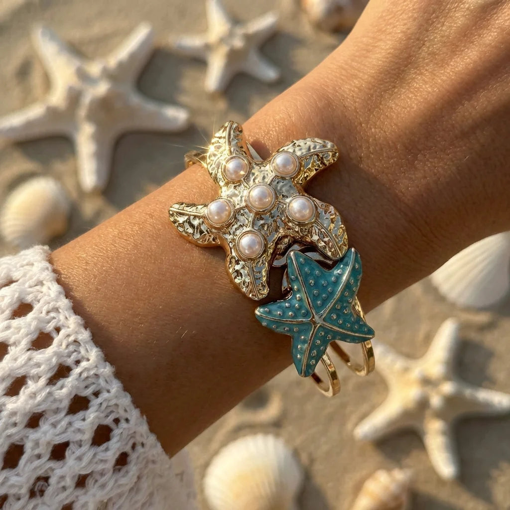 Enamel Flower Open Cuff Bracelet For Women Elegant Gold Plated Floral Beach Jewelry