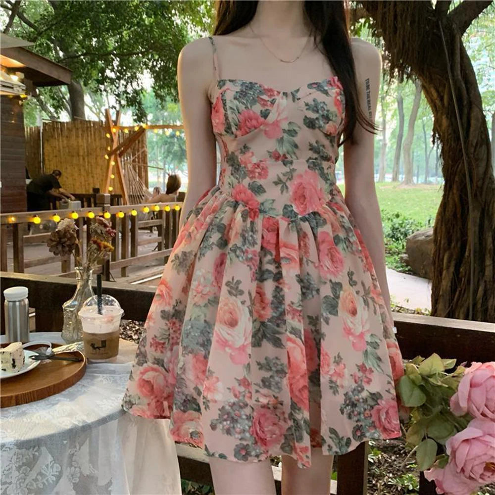 Women's Floral Print A-line Dress with Adjustable Straps and High Waist Design for Spring Summer Autumn Winter Wear