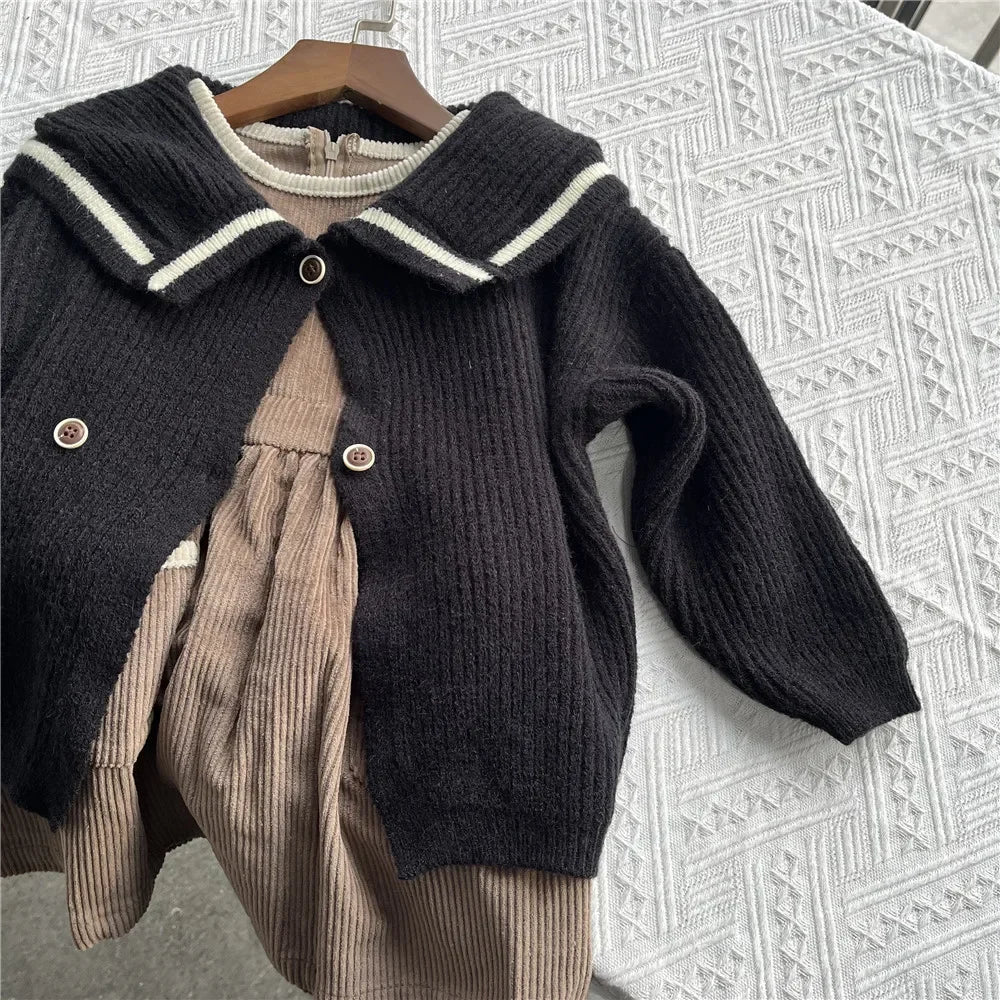 2025 Vinatge Baby Corduroy Sleeveless Dress Little Girls Sundress and Long Sleeve Tops Autumn Winter  Two Piece Set Children