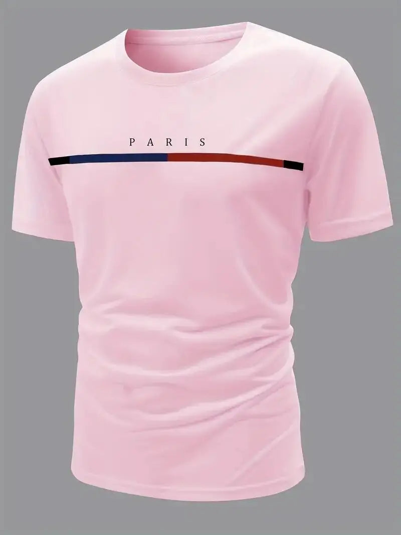 Paris Theme Pattern Print  T-shirt,Pattern T-shirt Men's Summer Wear,Men's Clothing