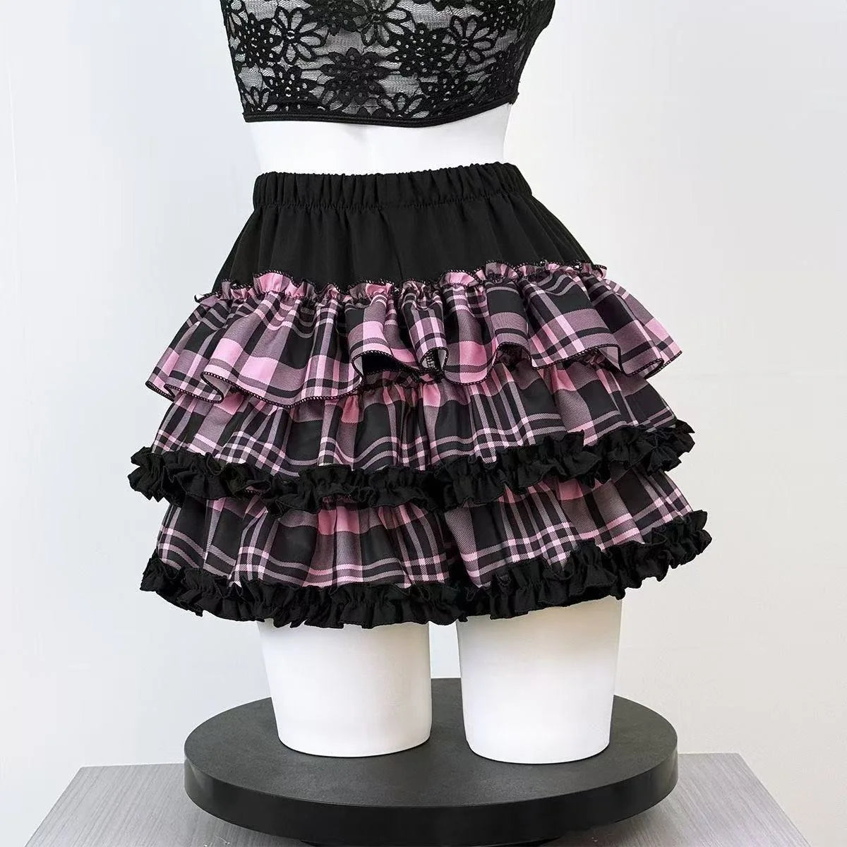 Y2K Black White Print Mini Skirt Women Slim Design Ruffle Layered A Line Skirt Elastic Waist Harajuku Pleated Short Piano Skirts