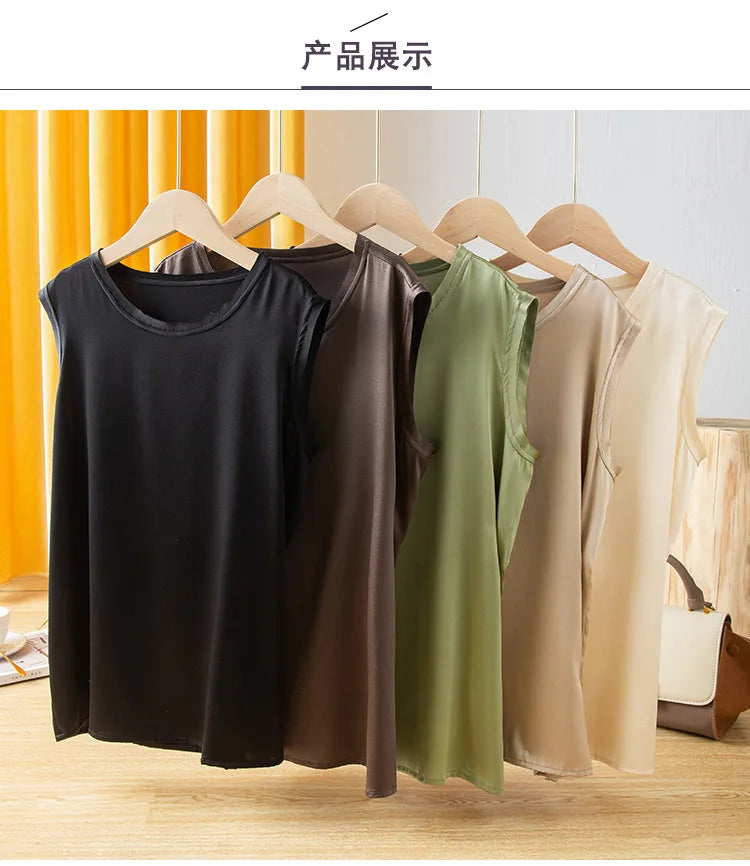 Heavy Silk Women's Sleeveless Top T-shirt Autumn Silk Top Silk Satin Bottom Top Solid Color T-shirts Satin Shirts for Women