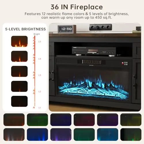 Fireplace TV Stand with Barn Door, 70 inch, Black | Farmhouse Fireplace Entertainment Center with Storage Cabinets, TV