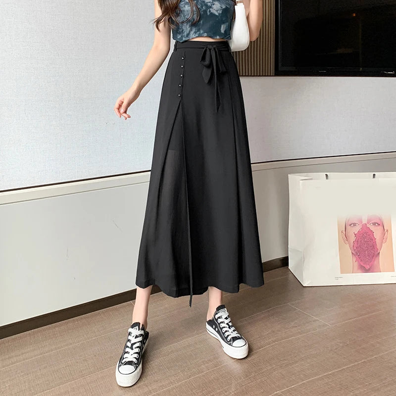 Summer Elastic Pleated Skirt Women Chiffon Trouser Skirt High Waist Casual Wide Leg Pants Fashion Streetwear Pants Pantalones