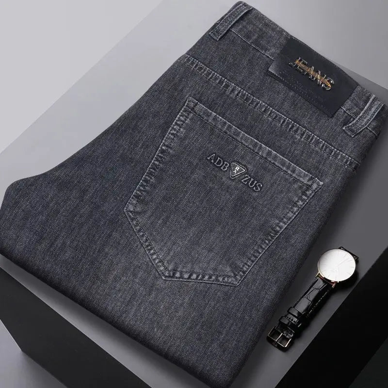 New Men Spring Summer Business Stretch Jeans Male Fashion High Waist Straight Leg Loose Casual Denim Pants Smoke Gray Trousers