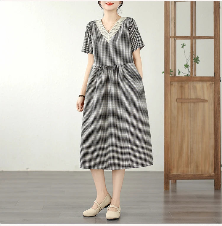 Retro Fashion Casual Plaid Dress Women Summer New V-neck Lace Splicing Loose Slimming Skirt over Knee Cotton Polyester Blend